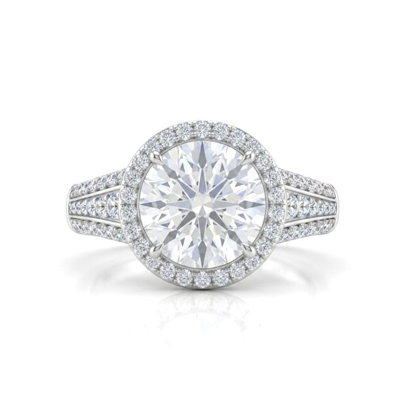 White Gold Round Diamond Halo Engagement Ring With Triple Split Pave Shank