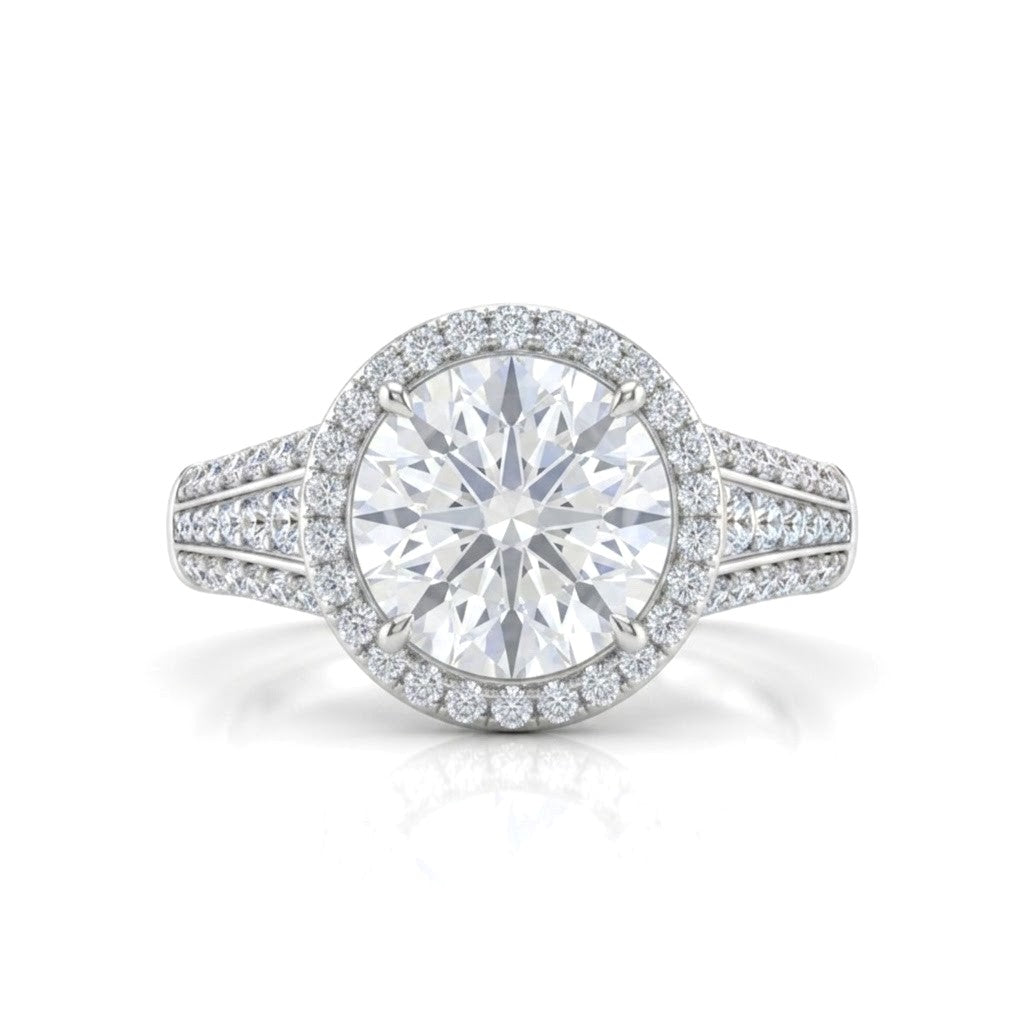 Silver Round Diamond Halo Engagement Ring With Triple Split Pave Shank