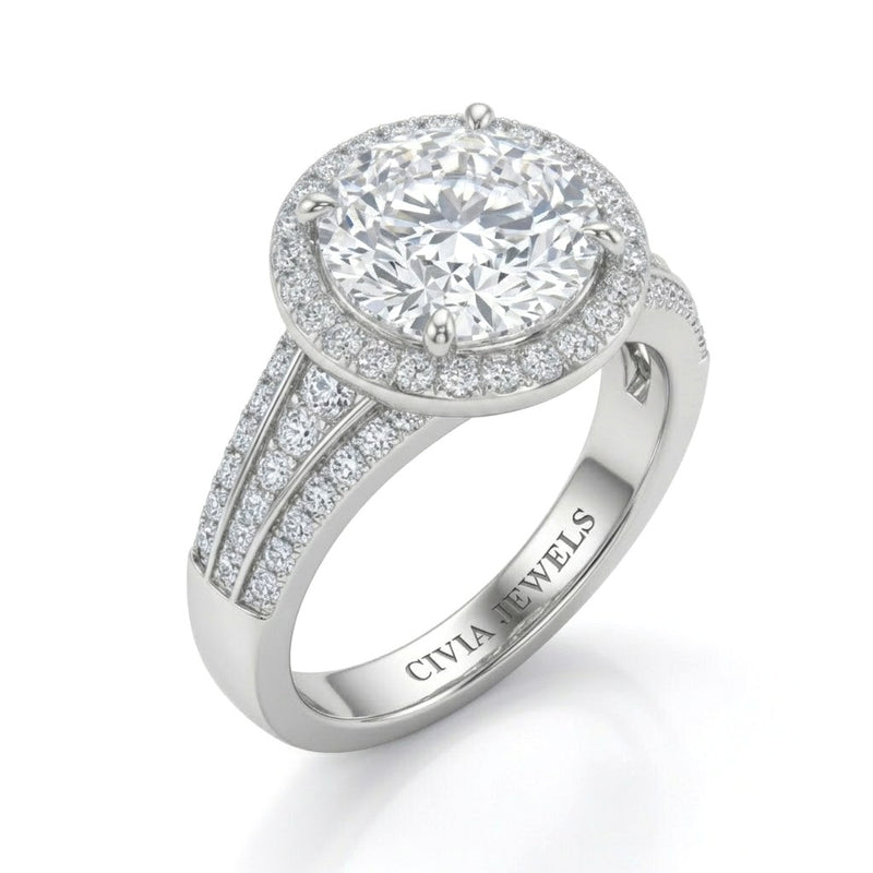 Silver Round Diamond Halo Engagement Ring With Triple Split Pave Shank