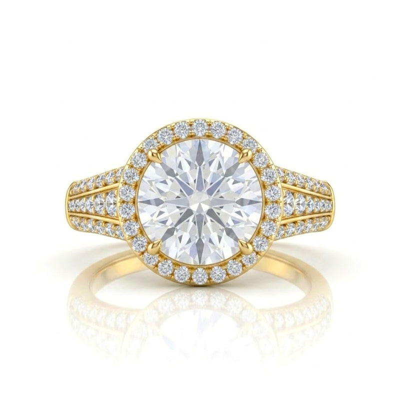 Yellow Gold Round Diamond Halo Engagement Ring With Triple Split Pave Shank