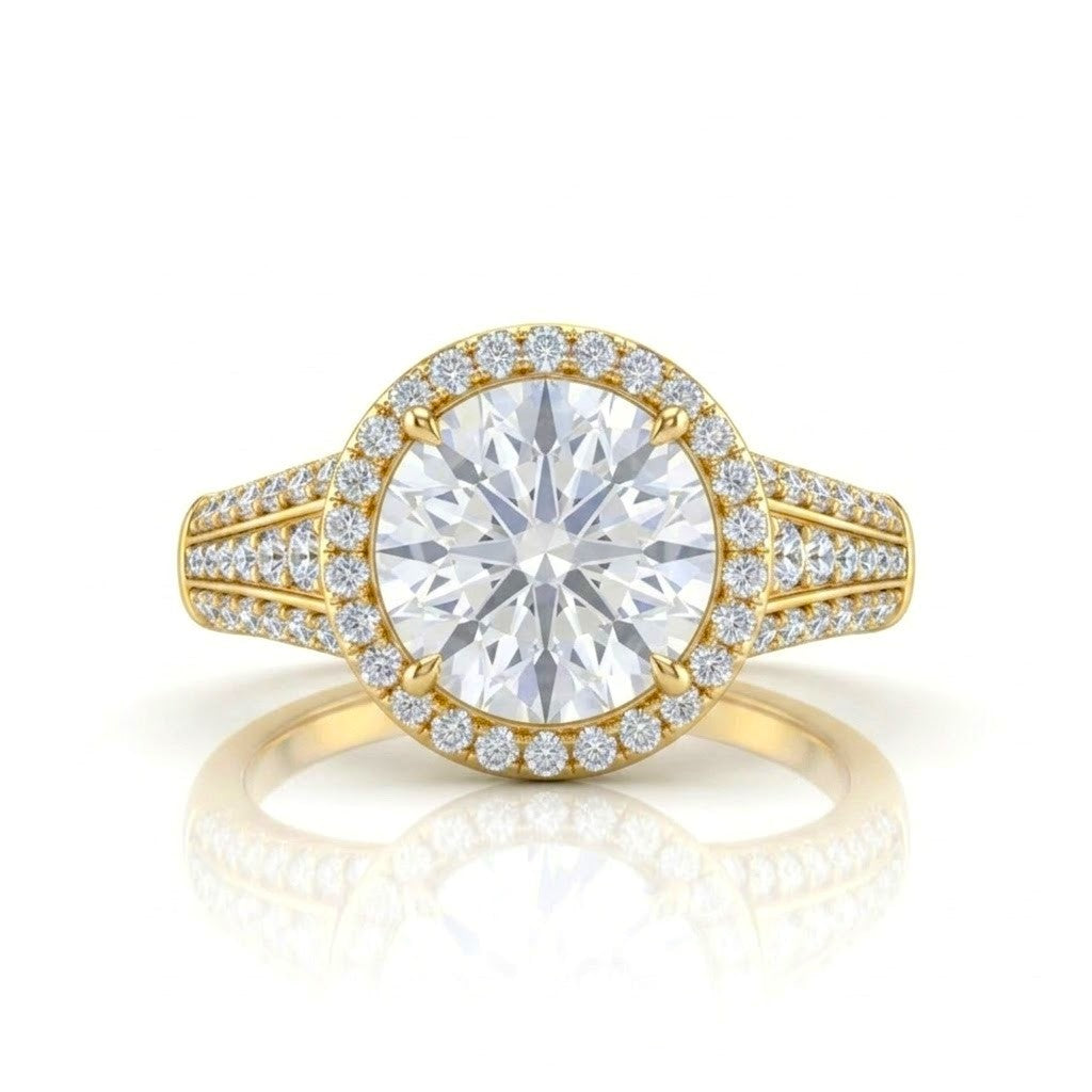 Yellow Gold Round Diamond Halo Engagement Ring With Triple Split Pave Shank