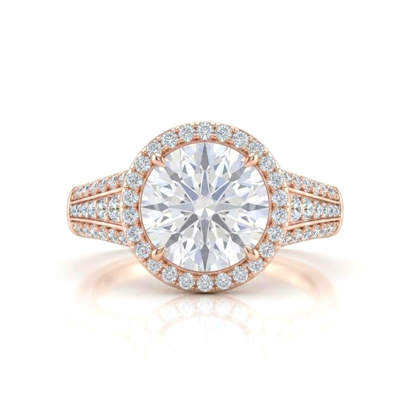 Rose Gold Round Diamond Halo Engagement Ring With Triple Split Pave Shank