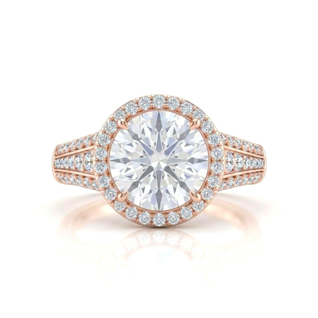 Rose Gold Round Diamond Halo Engagement Ring With Triple Split Pave Shank