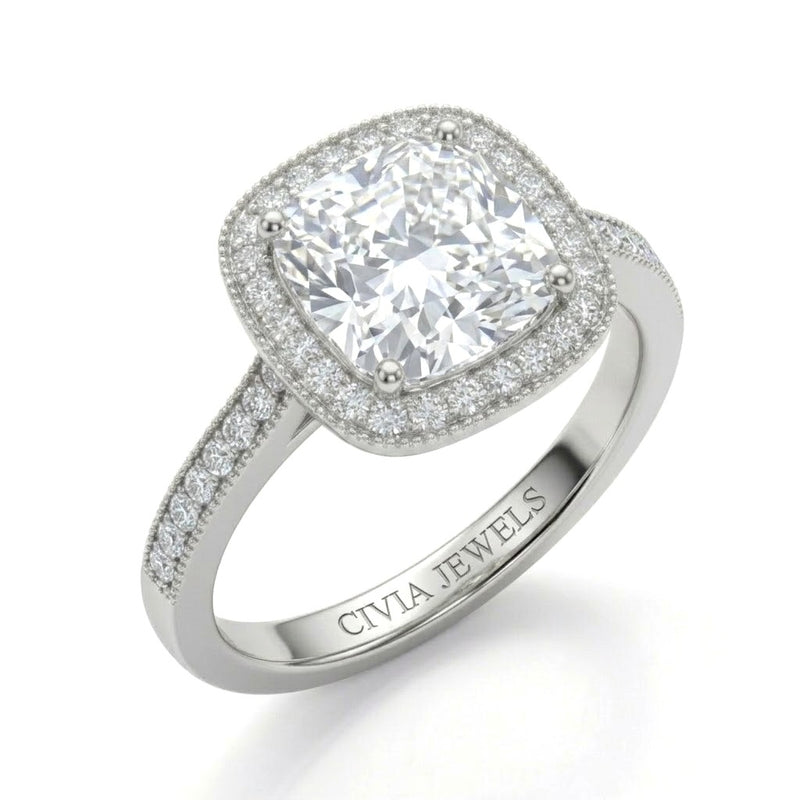 White Gold Cushion Diamond Halo Engagement Ring With Pave Band