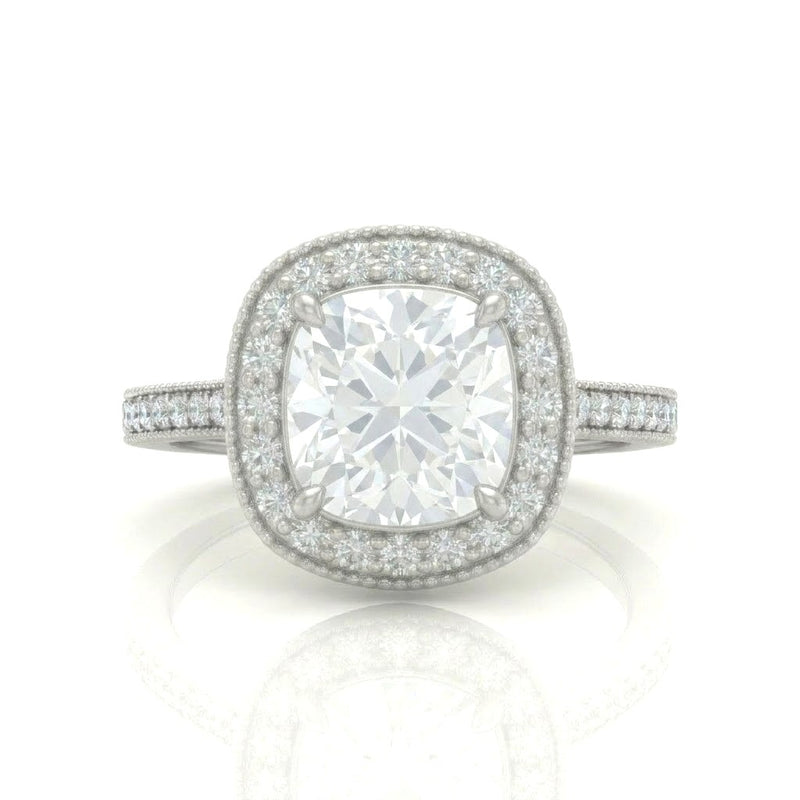 White Gold Cushion Diamond Halo Engagement Ring With Pave Band