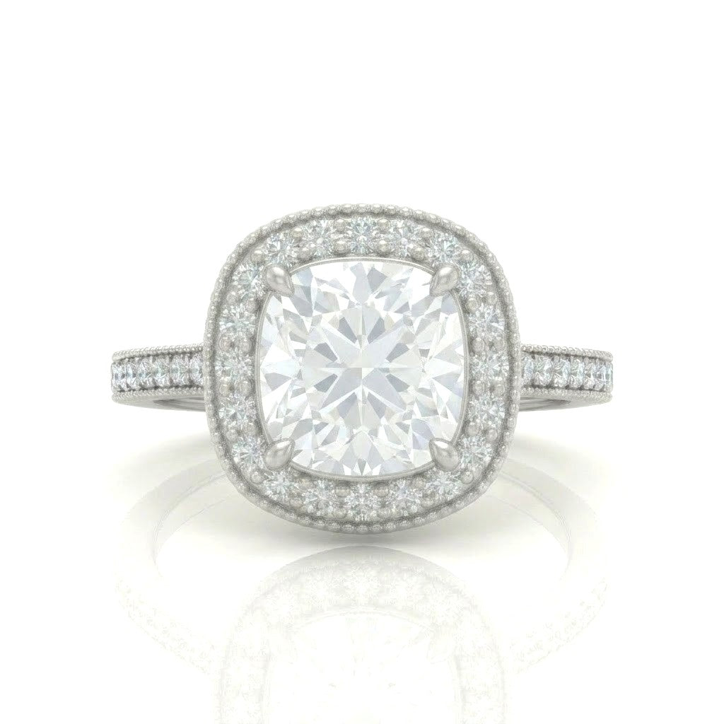 White Gold Cushion Diamond Halo Engagement Ring With Pave Band