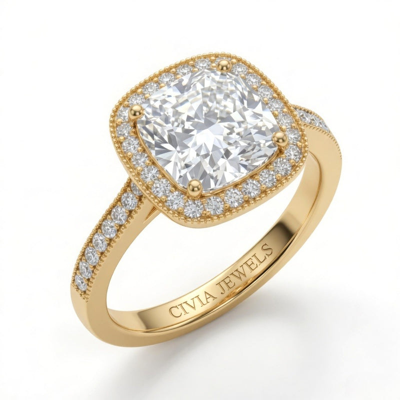 Yellow Gold Cushion Diamond Halo Engagement Ring With Pave Band