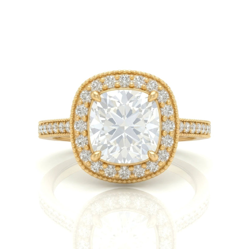 Yellow Gold Cushion Diamond Halo Engagement Ring With Pave Band