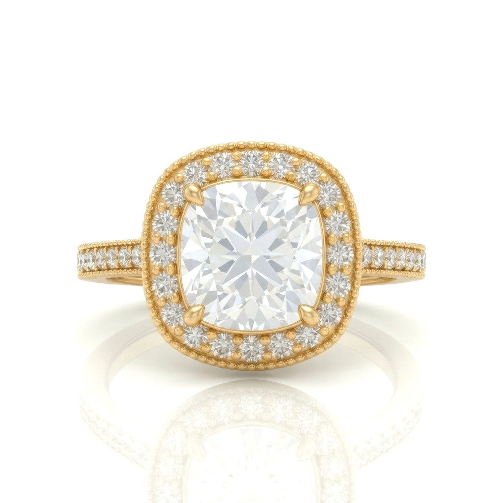 Yellow Gold Cushion Diamond Halo Engagement Ring With Pave Band