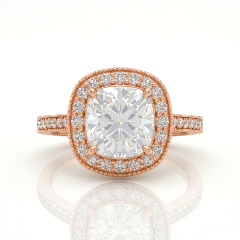 Rose Gold Cushion Diamond Halo Engagement Ring With Pave Band