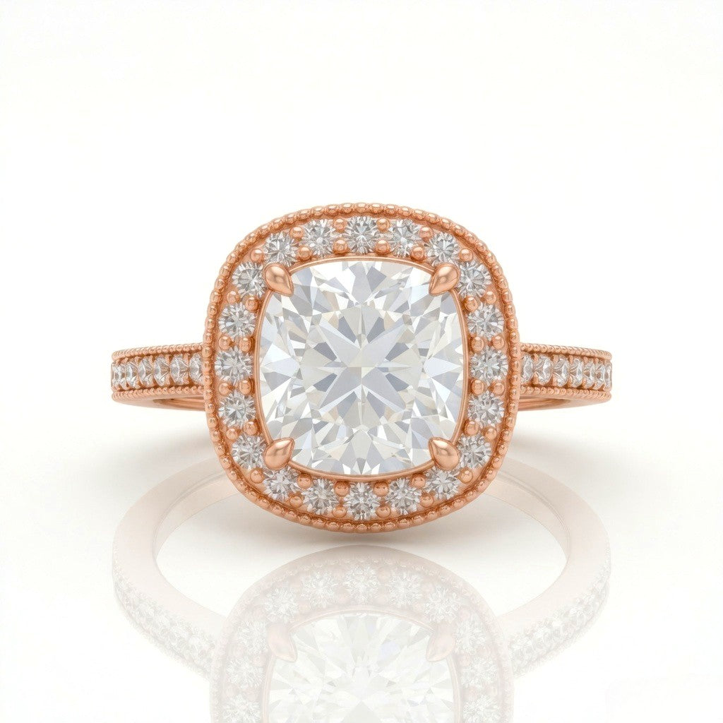 Rose Gold Cushion Diamond Halo Engagement Ring With Pave Band
