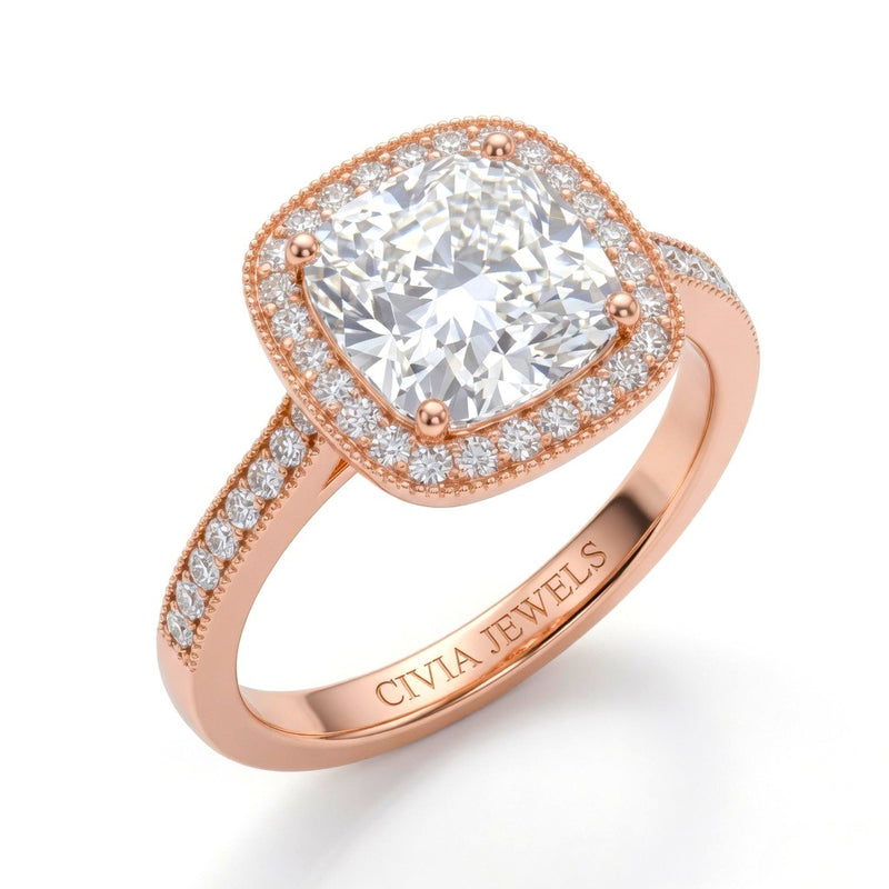Rose Gold Cushion Diamond Halo Engagement Ring With Pave Band