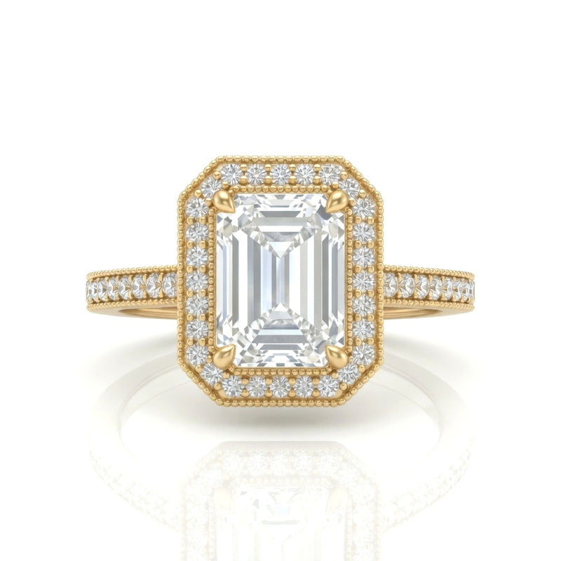 Yellow Gold Emerald Diamond Halo Engagement Ring With Pave Band