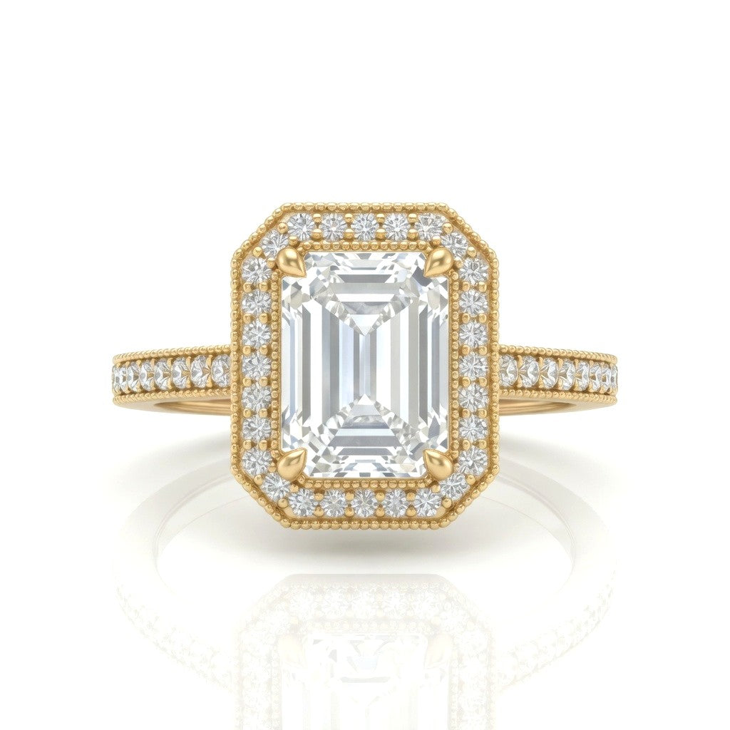 Yellow Gold Emerald Diamond Halo Engagement Ring With Pave Band