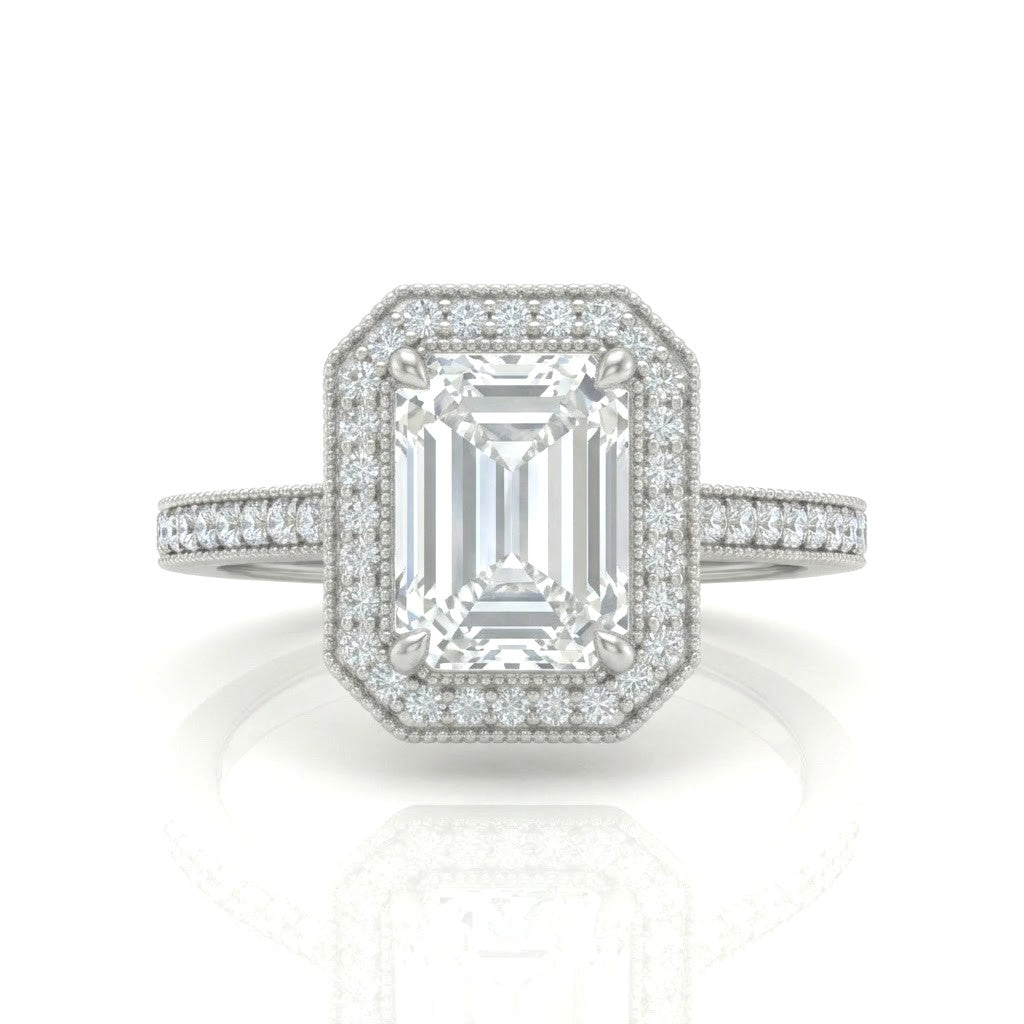White Gold Emerald Diamond Halo Engagement Ring With Pave Band