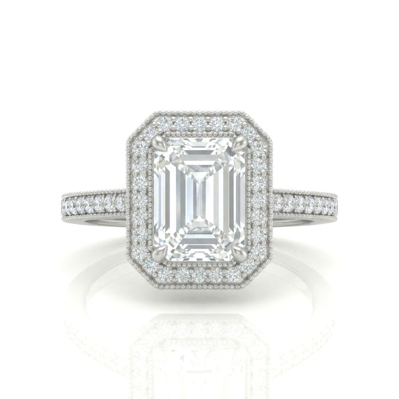 Silver Emerald Diamond Halo Engagement Ring With Pave Band