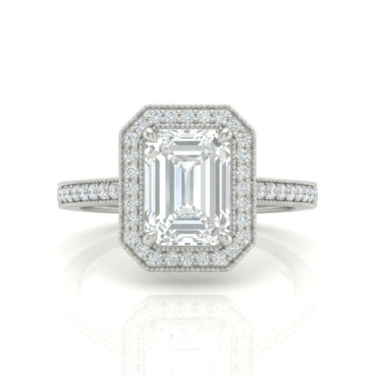 White Gold Emerald Diamond Halo Engagement Ring With Pave Band