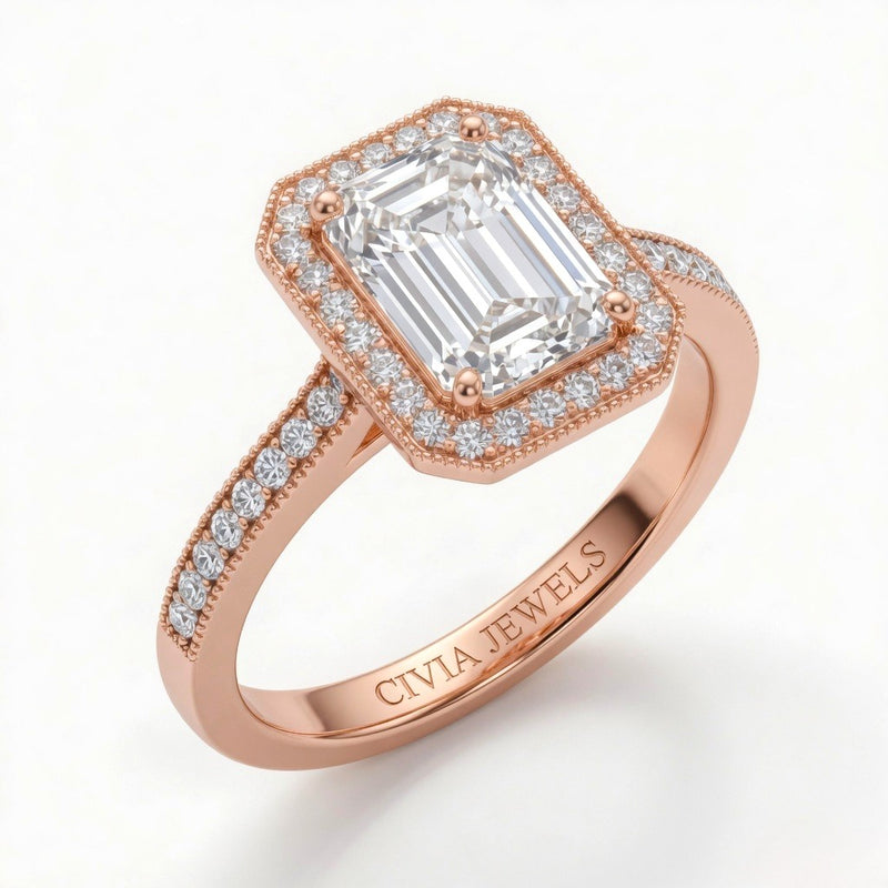 Rose Gold Emerald Diamond Halo Engagement Ring With Pave Band