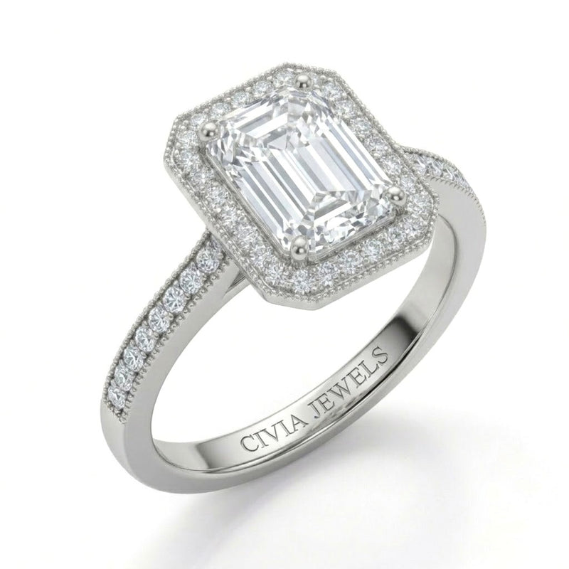White Gold Emerald Diamond Halo Engagement Ring With Pave Band