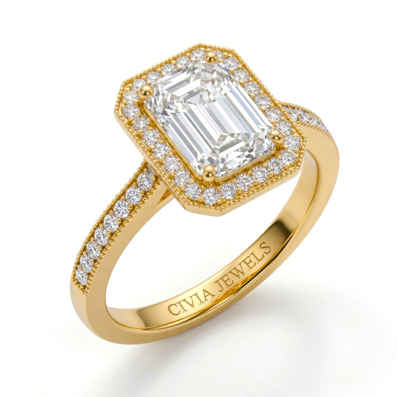 Yellow Gold Emerald Diamond Halo Engagement Ring With Pave Band
