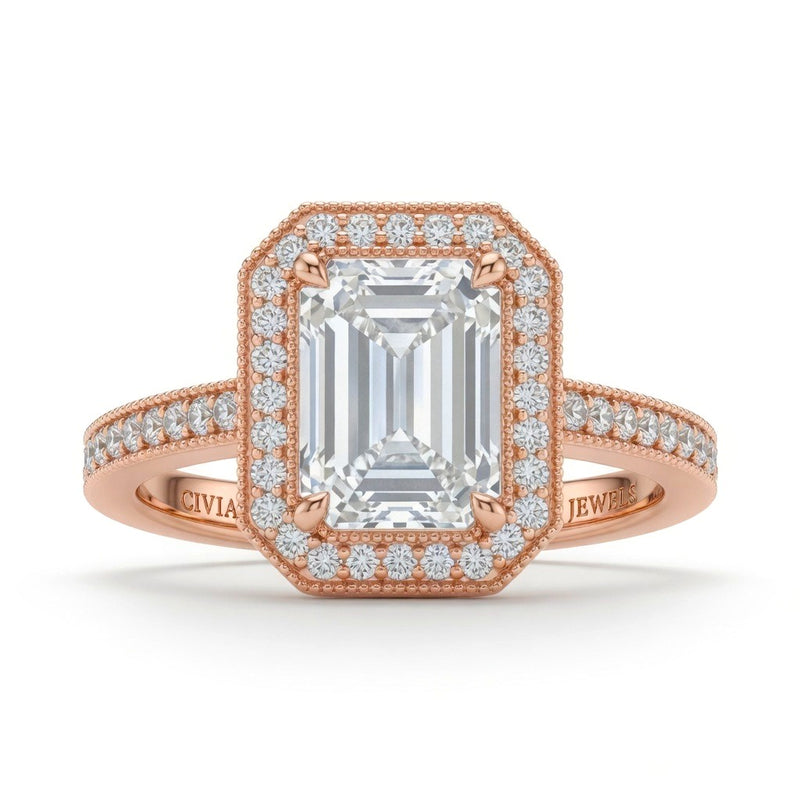 Rose Gold Emerald Diamond Halo Engagement Ring With Pave Band