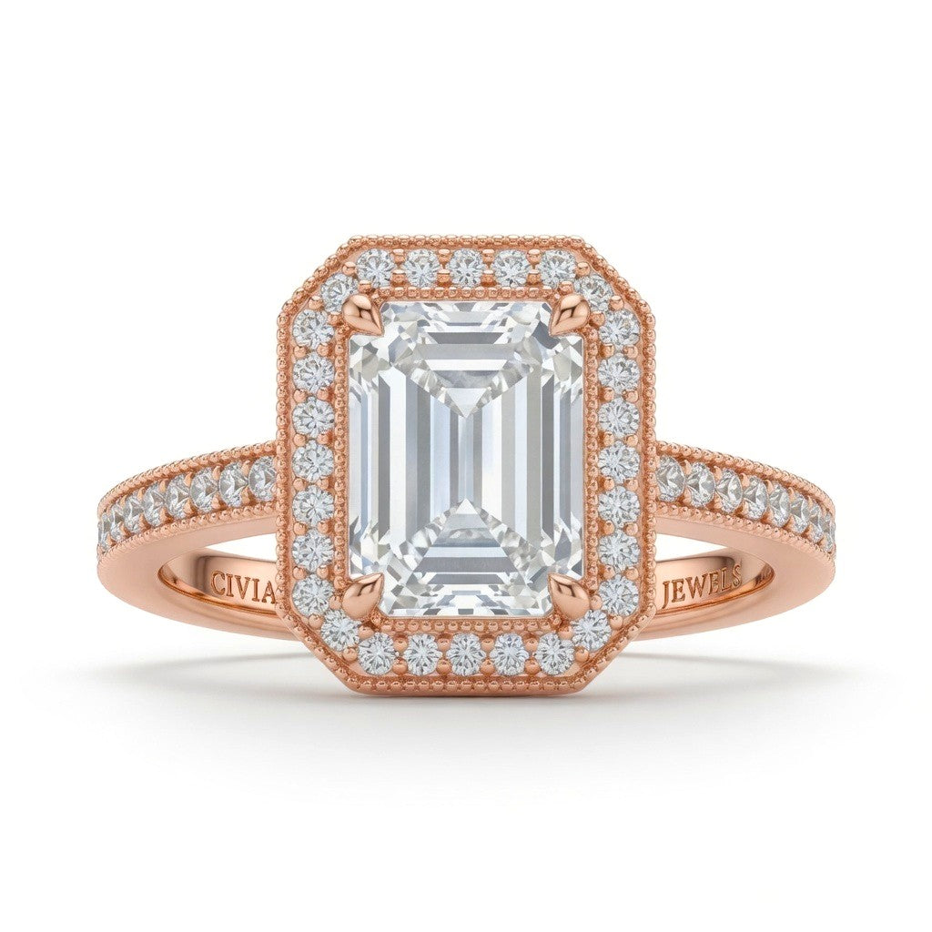 Rose Gold Emerald Diamond Halo Engagement Ring With Pave Band