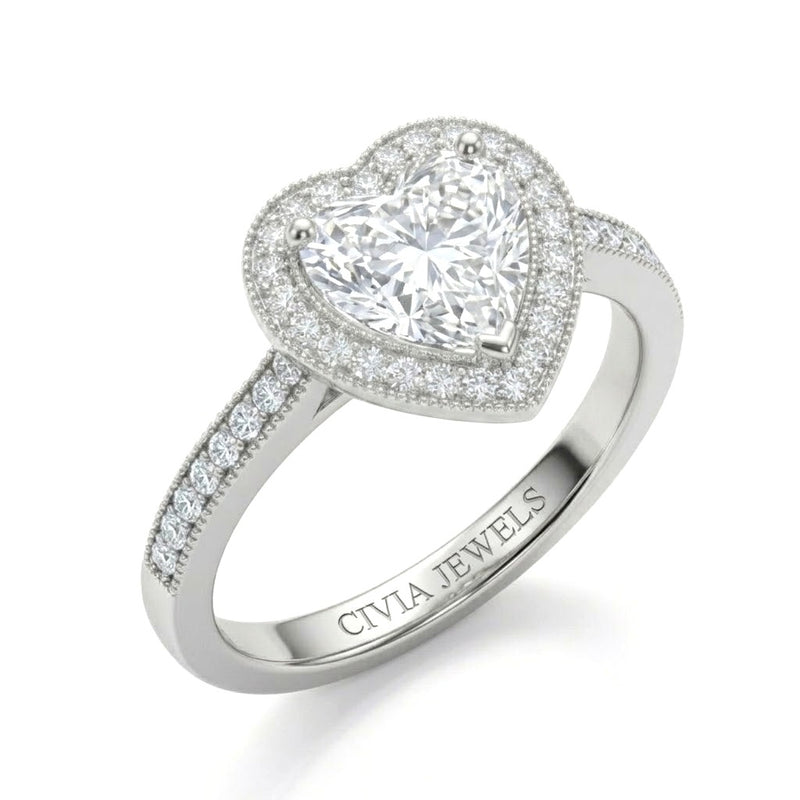 Silver Heart Diamond Halo Engagement Ring With Pave Band