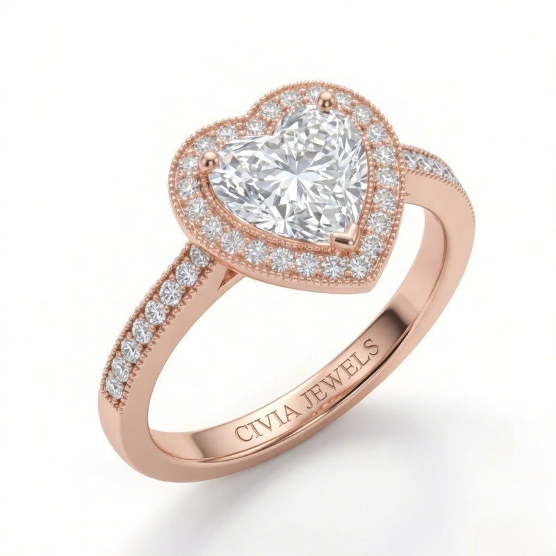 Rose Gold Heart Diamond Halo Engagement Ring With Pave Band