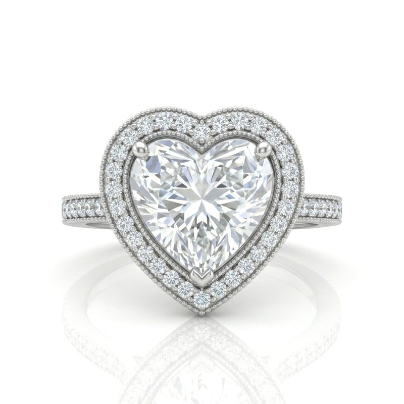 White Gold Heart Diamond Halo Engagement Ring With Pave Band