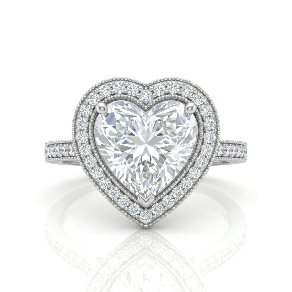 Silver Heart Diamond Halo Engagement Ring With Pave Band