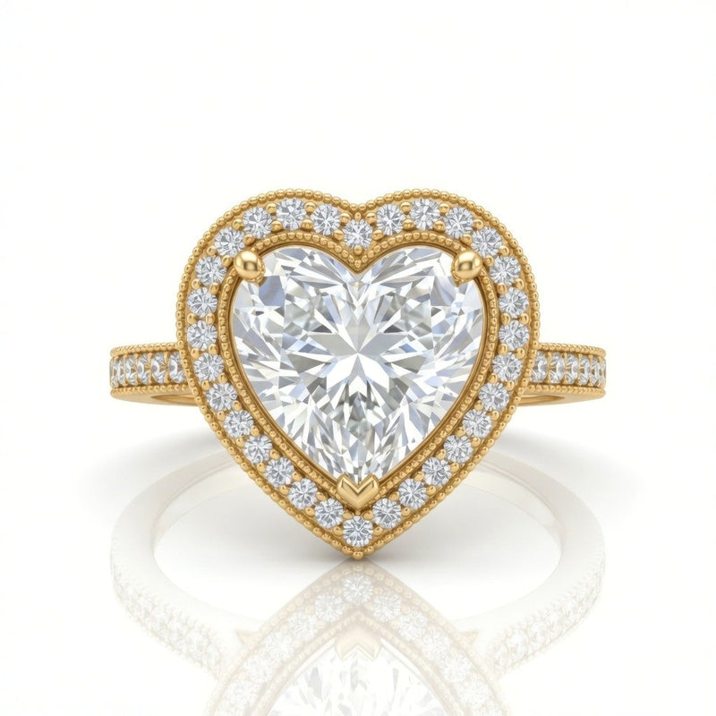 Yellow Gold Heart Diamond Halo Engagement Ring With Pave Band