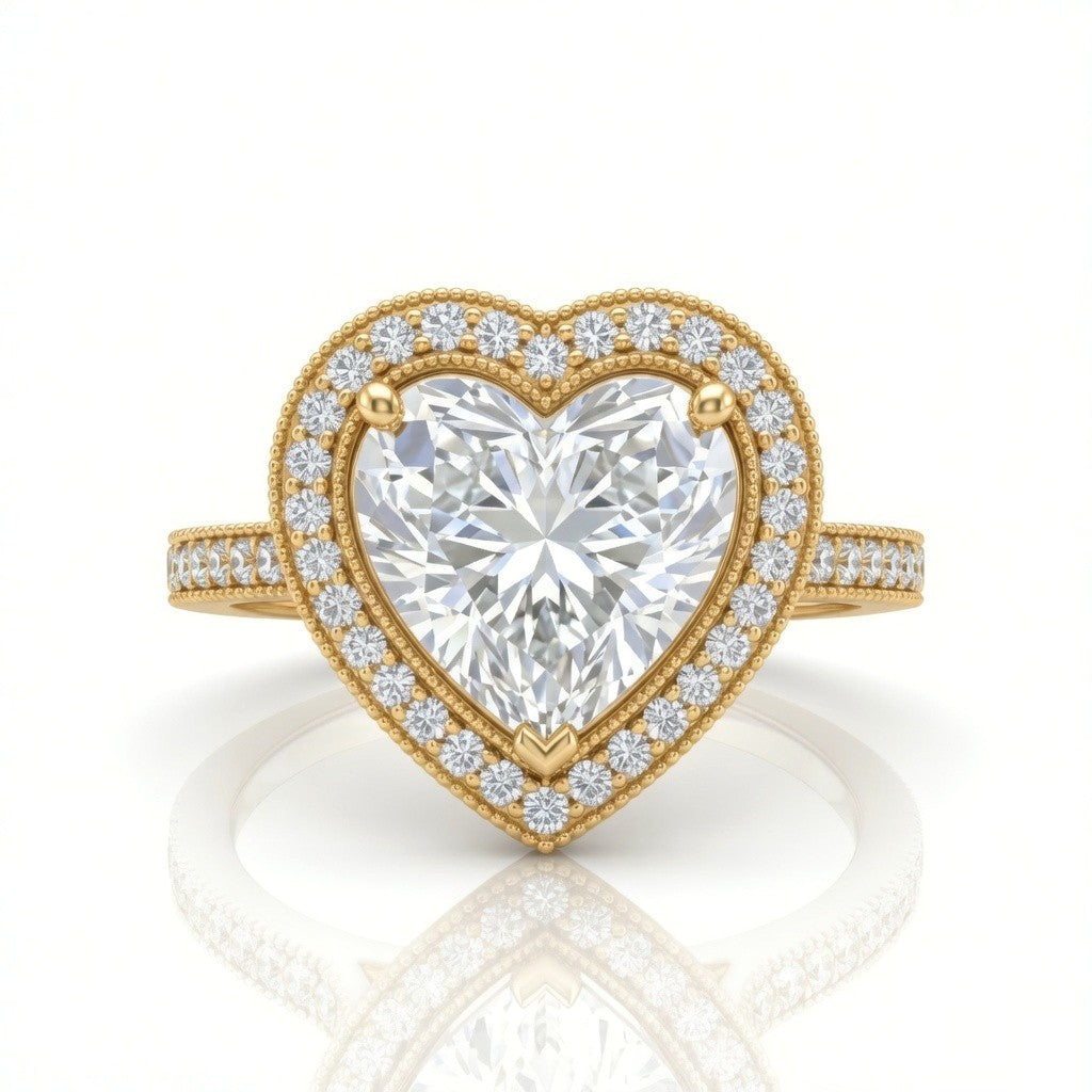 Yellow Gold Heart Diamond Halo Engagement Ring With Pave Band