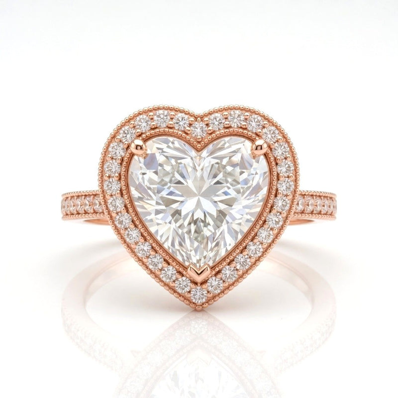 Rose Gold Heart Diamond Halo Engagement Ring With Pave Band
