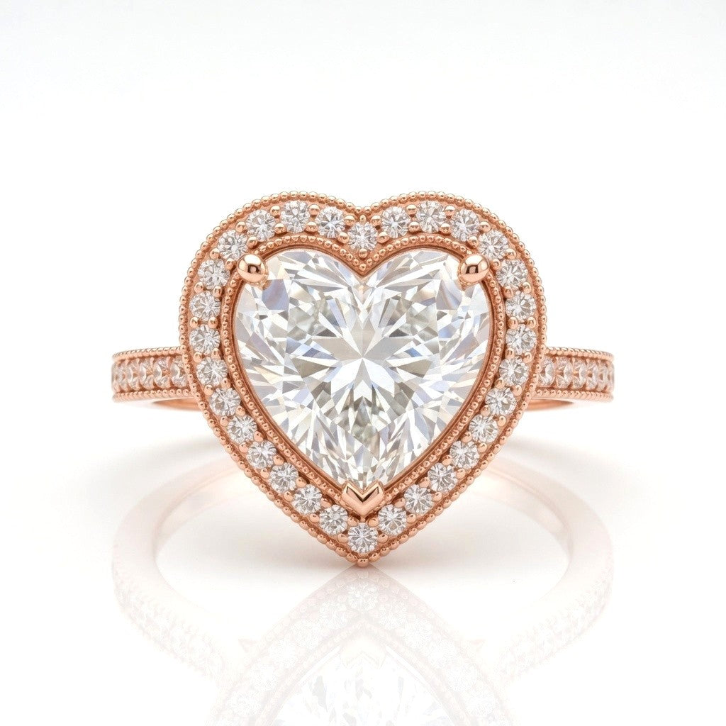 Rose Gold Heart Diamond Halo Engagement Ring With Pave Band