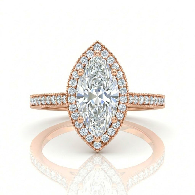 Rose Gold Marquise Diamond Halo Engagement Ring With Pave Band