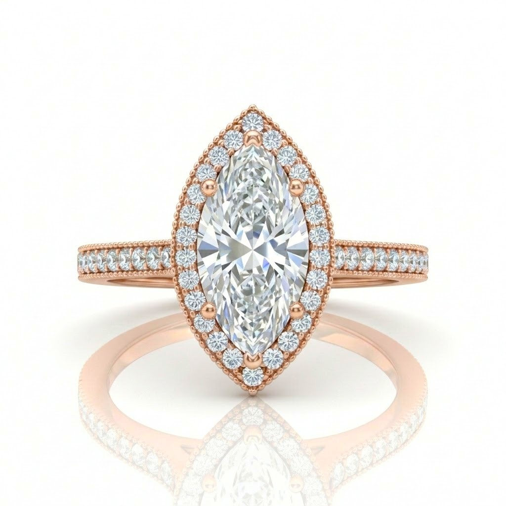 Rose Gold Marquise Diamond Halo Engagement Ring With Pave Band