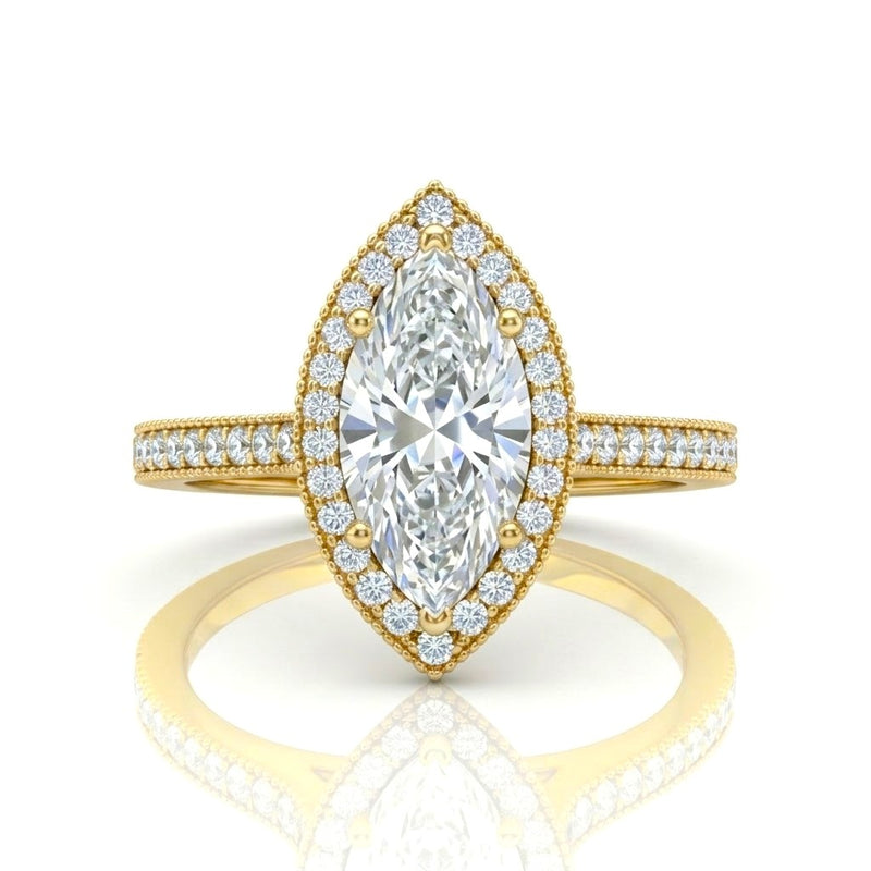 Yellow Gold Marquise Diamond Halo Engagement Ring With Pave Band