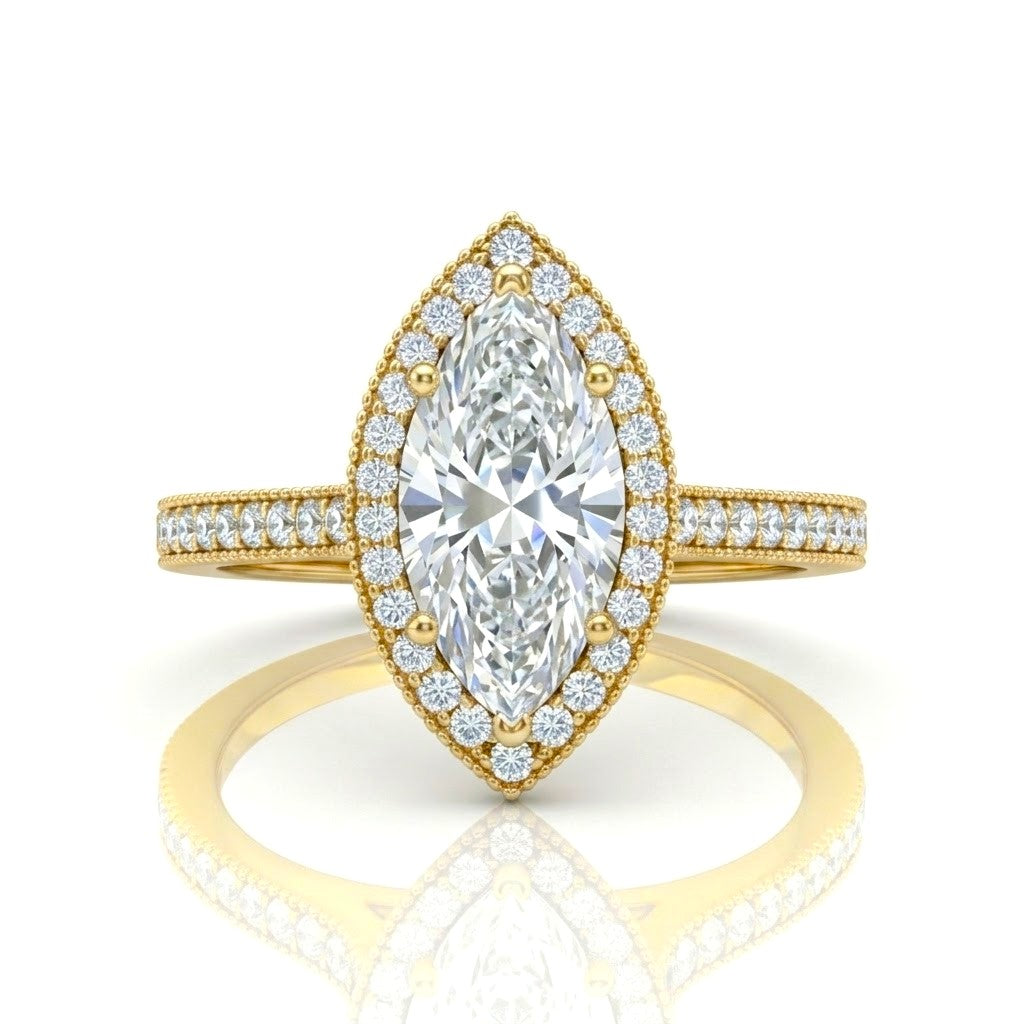 Yellow Gold Marquise Diamond Halo Engagement Ring With Pave Band