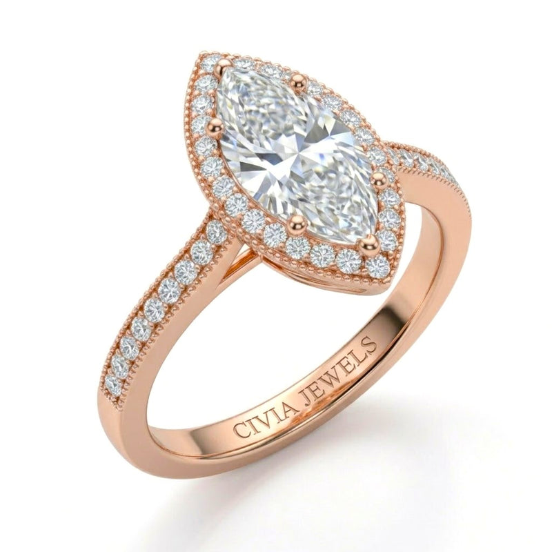 Rose Gold Marquise Diamond Halo Engagement Ring With Pave Band