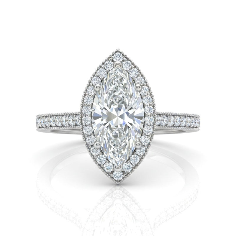 Silver Marquise Diamond Halo Engagement Ring With Pave Band
