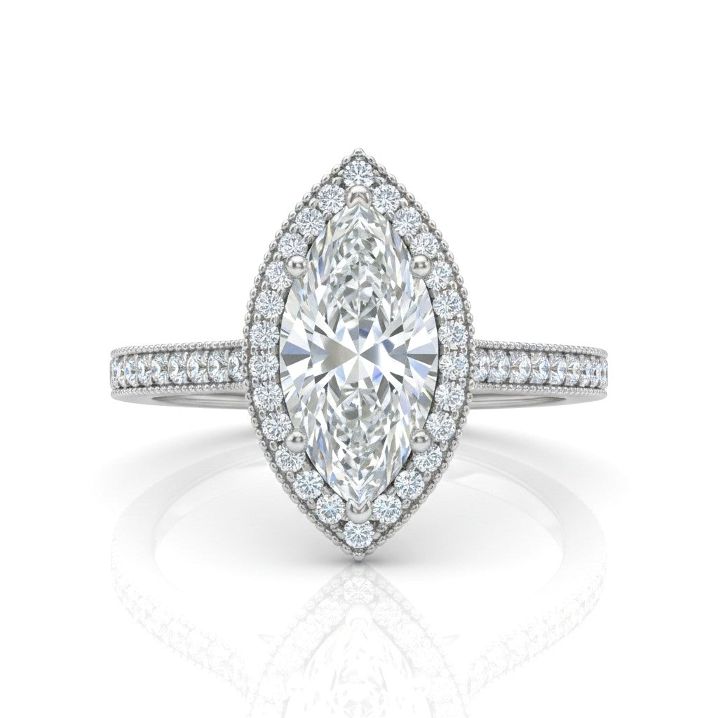 Silver Marquise Diamond Halo Engagement Ring With Pave Band