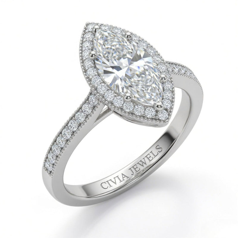 Silver Marquise Diamond Halo Engagement Ring With Pave Band