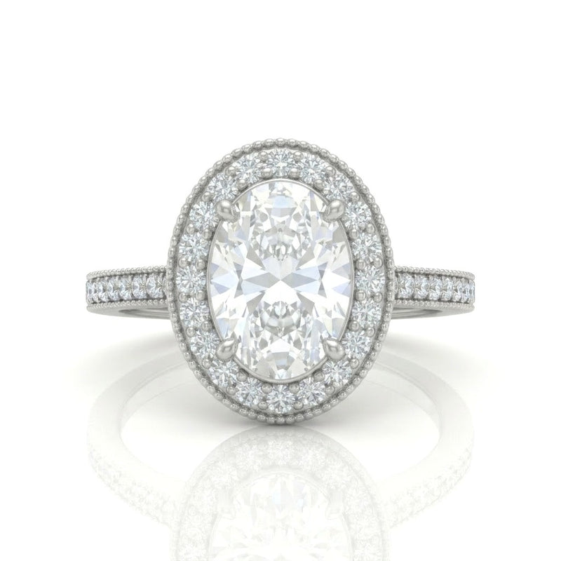 White Gold Oval Diamond Halo Engagement Ring With Pave Band