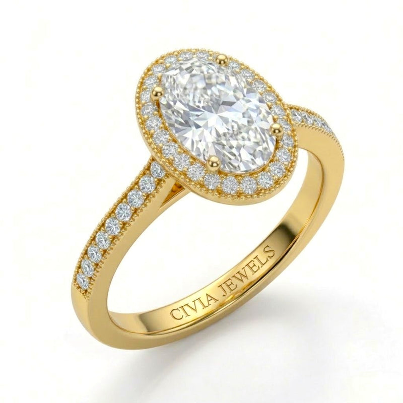 Yellow Gold Oval Diamond Halo Engagement Ring With Pave Band