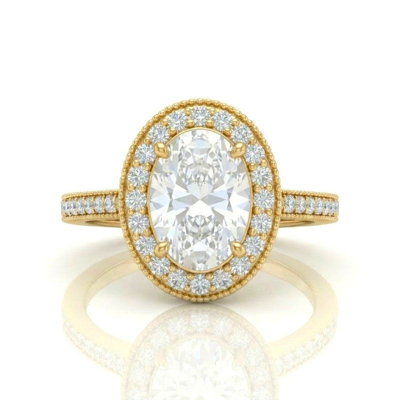 Yellow Gold Oval Diamond Halo Engagement Ring With Pave Band