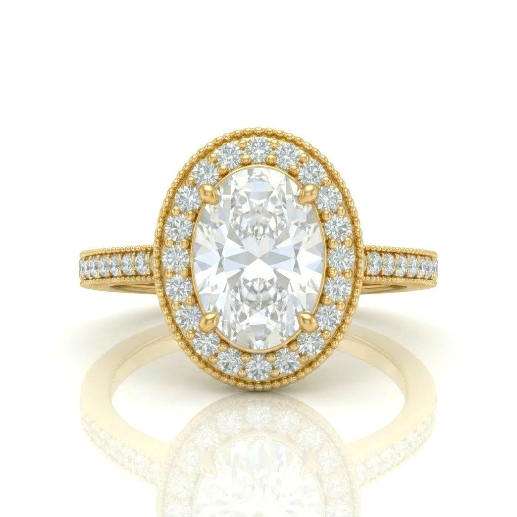Yellow Gold Oval Diamond Halo Engagement Ring With Pave Band