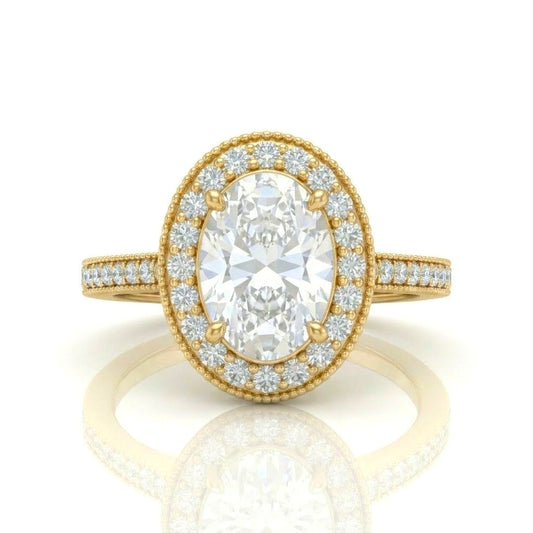 Yellow Gold Oval Diamond Halo Engagement Ring With Pave Band