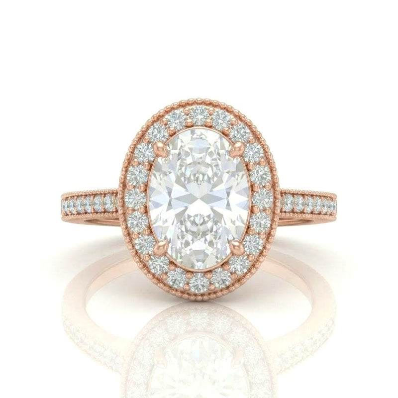 Rose Gold Oval Diamond Halo Engagement Ring With Pave Band