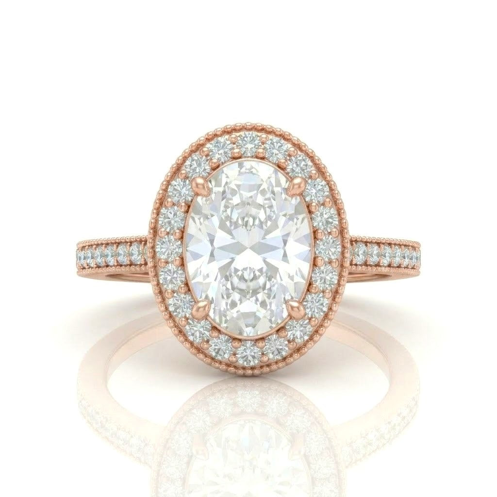 Rose Gold Oval Diamond Halo Engagement Ring With Pave Band