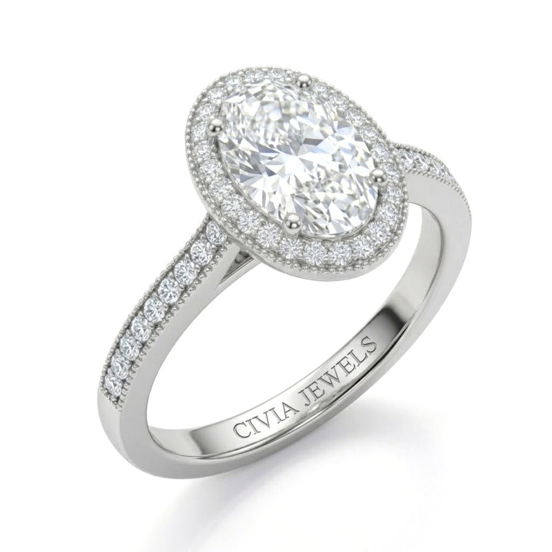 Silver Oval Diamond Halo Engagement Ring With Pave Band